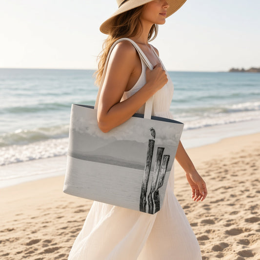 A woman in a white dress and straw hat walks along a sandy beach carrying a large tote bag. The bag has a grayscale beach scene print with a bird perched on a post.