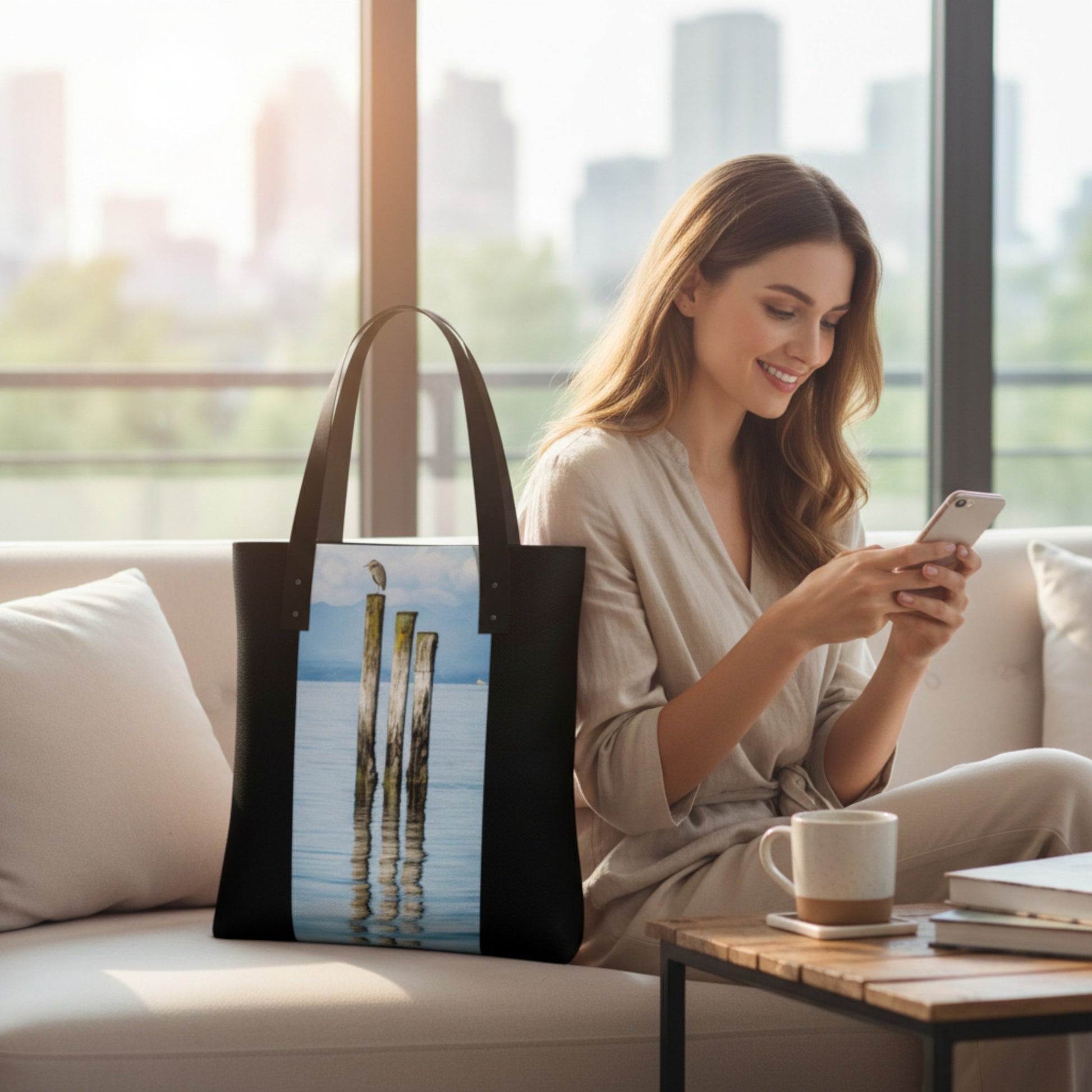 Woman sitting on a couch using a phone with a scenic tote bag next to her