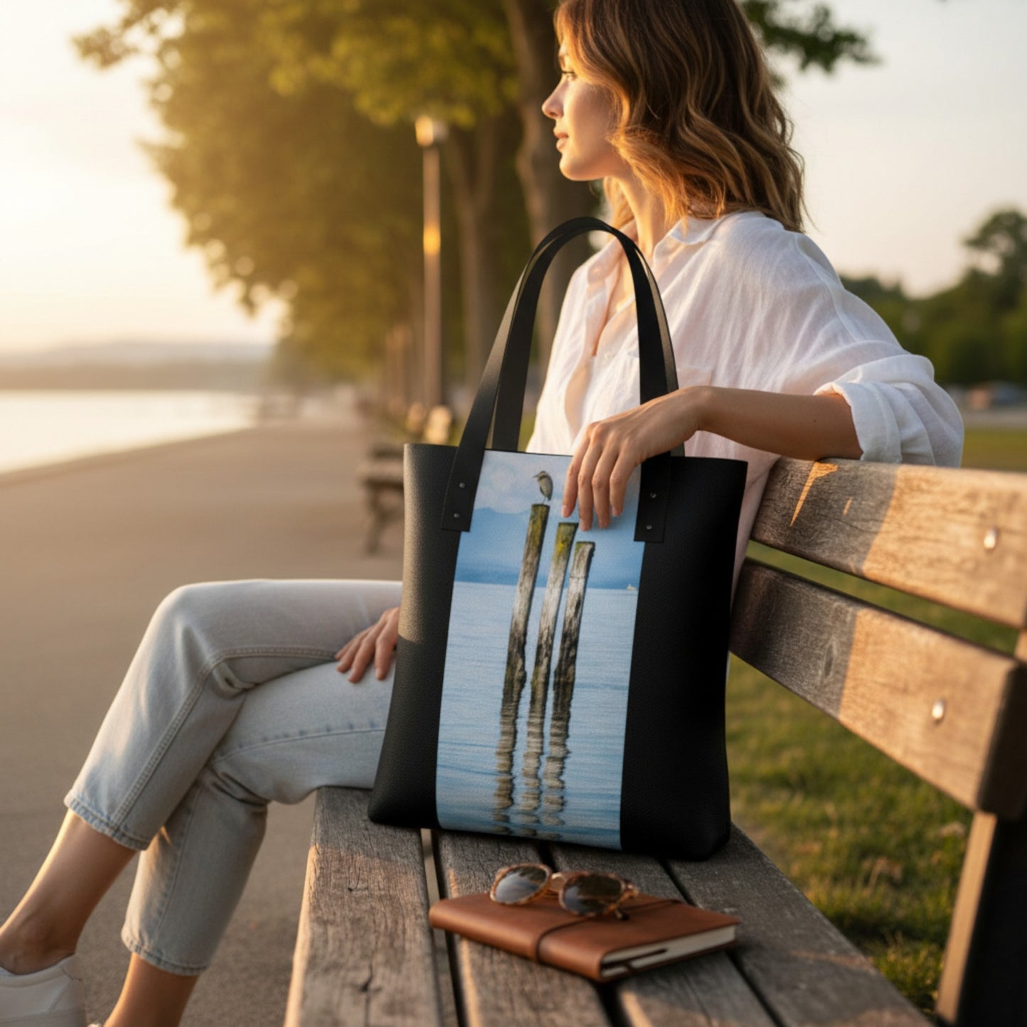 Woman sitting on a bench holding a tote bag with a scenic design, next to a notebook and sunglasses.