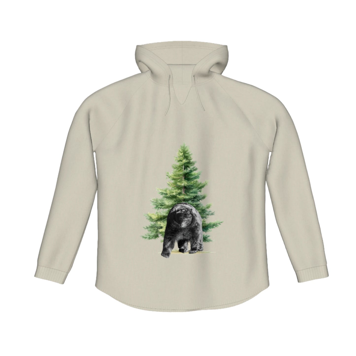 Observant Bear Flow Pullover Hoodie. The image is of a bear standing in front of a trree.
