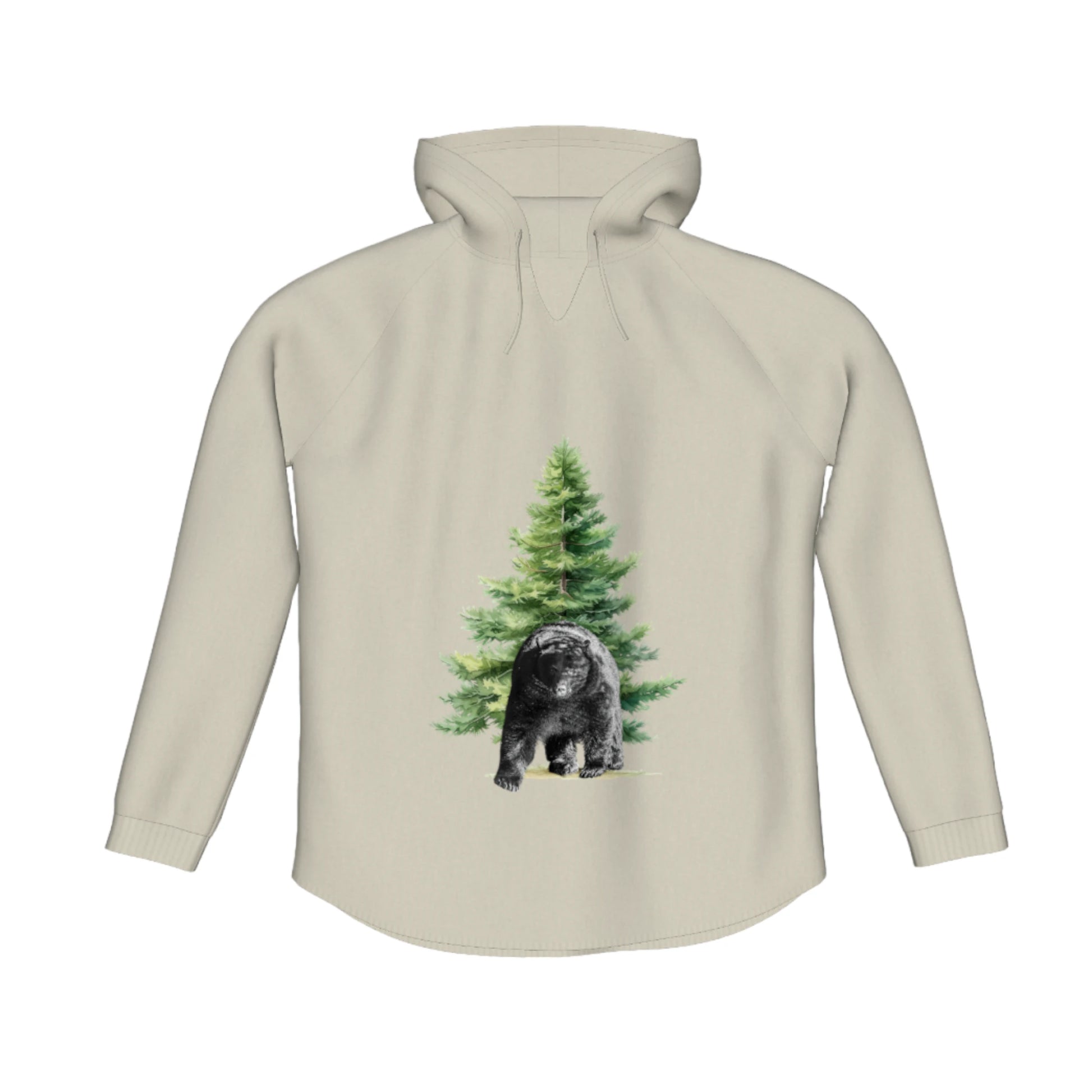 Observant Bear Flow Pullover Hoodie. The image is of a bear standing in front of a trree.