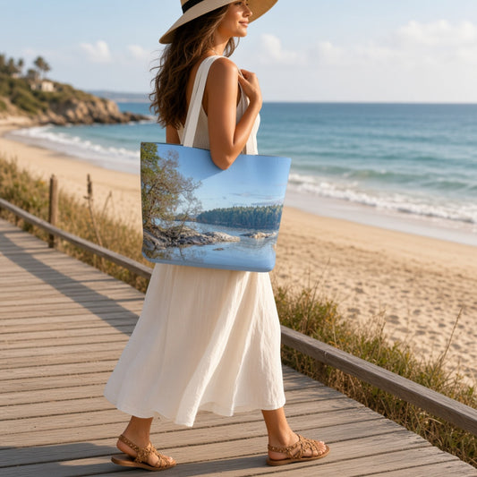 A woman in a white dress and hat walks on a wooden boardwalk by the beach, carrying a large tote bag printed with a scenic landscape of a lake and forest.