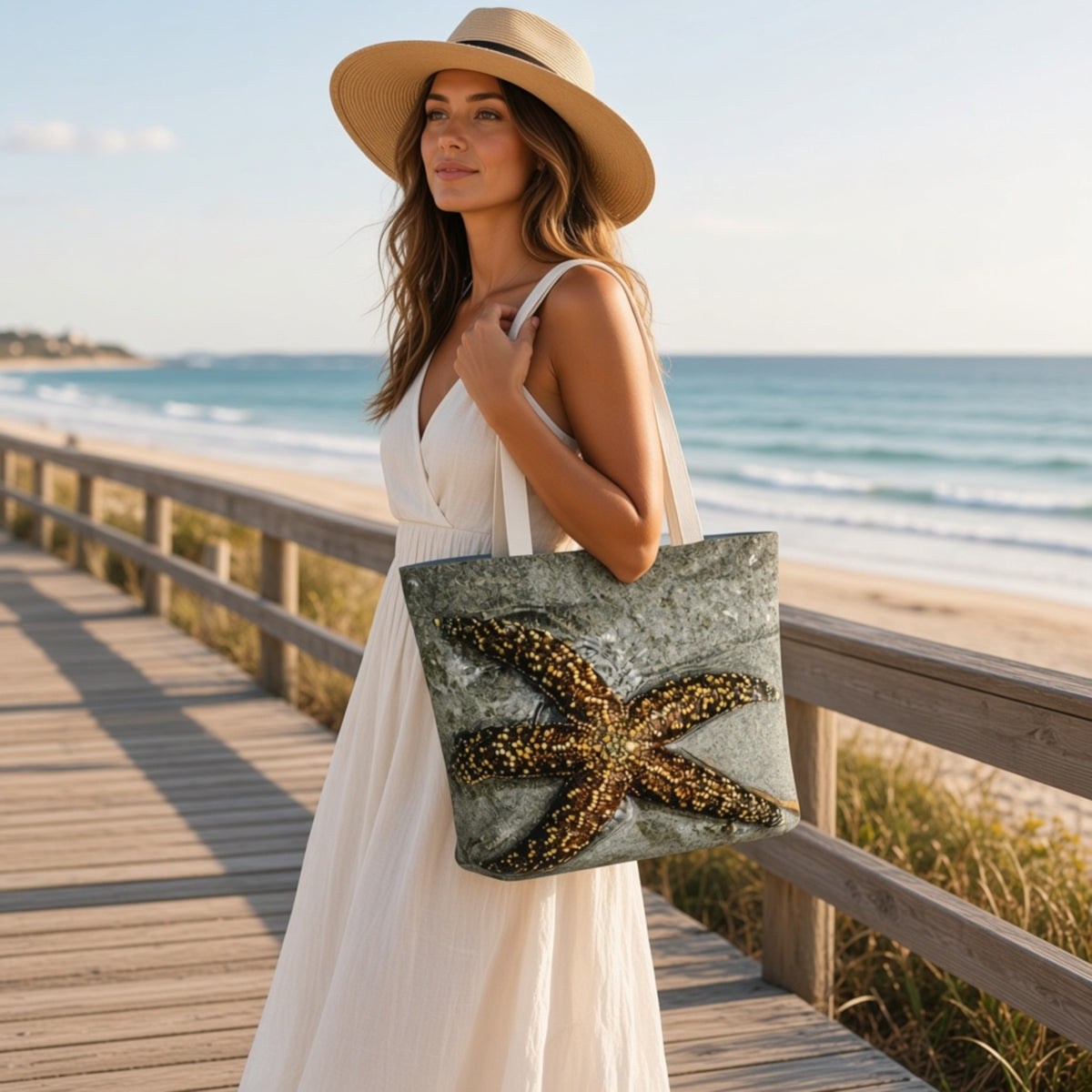 A woman in a white dress and straw hat stands on a wooden boardwalk by the beach, carrying a large tote bag with a gray stone-like texture and a raised starfish design in brown and gold.
