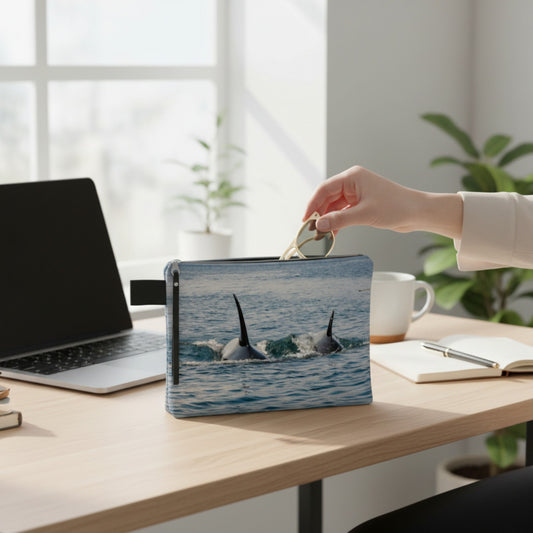 Person placing sunglasses into their adventure tote featuring a image of a Mama orca and her baby in the ocean.