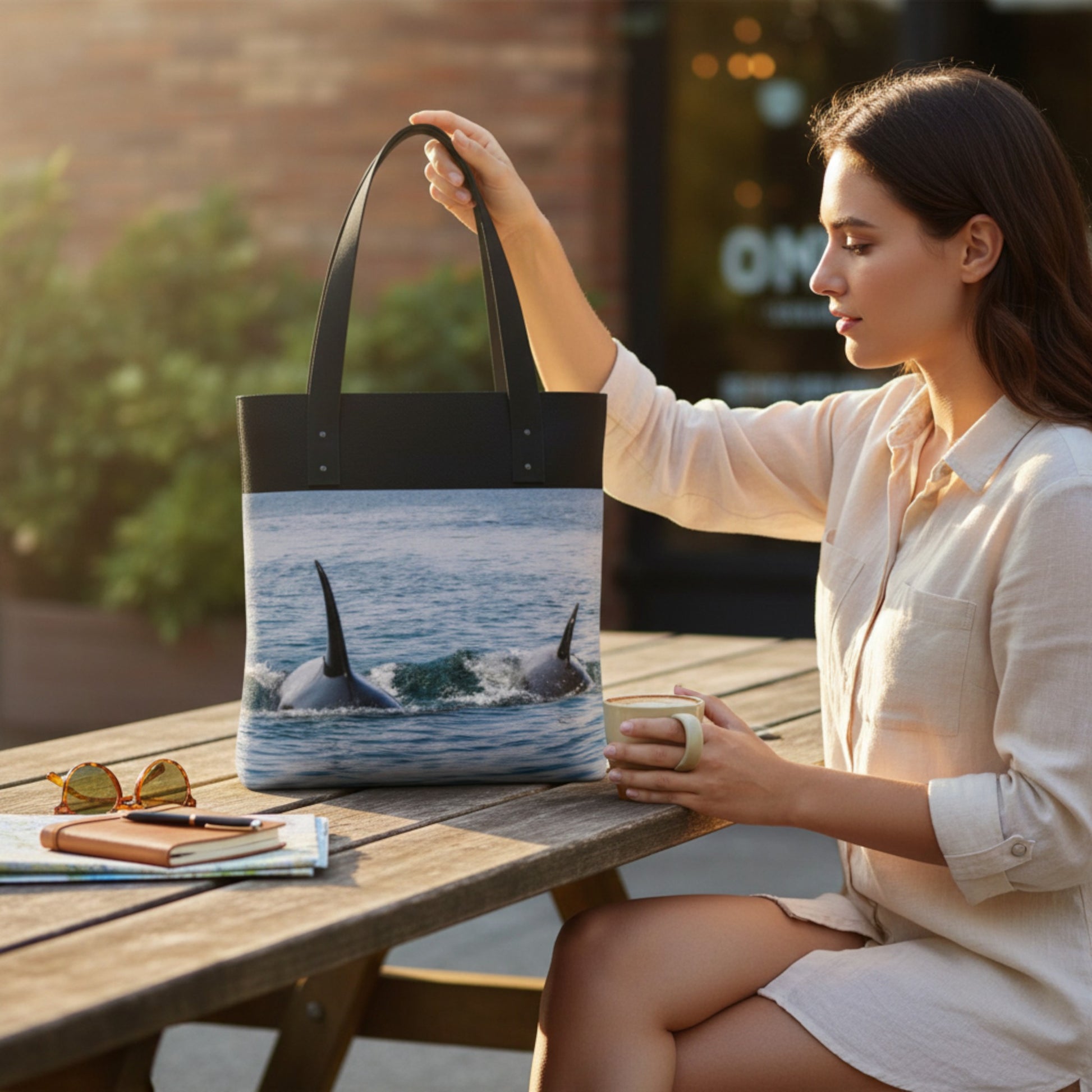 Woman holding a tote bag with whale design sitting at an outdoor table.