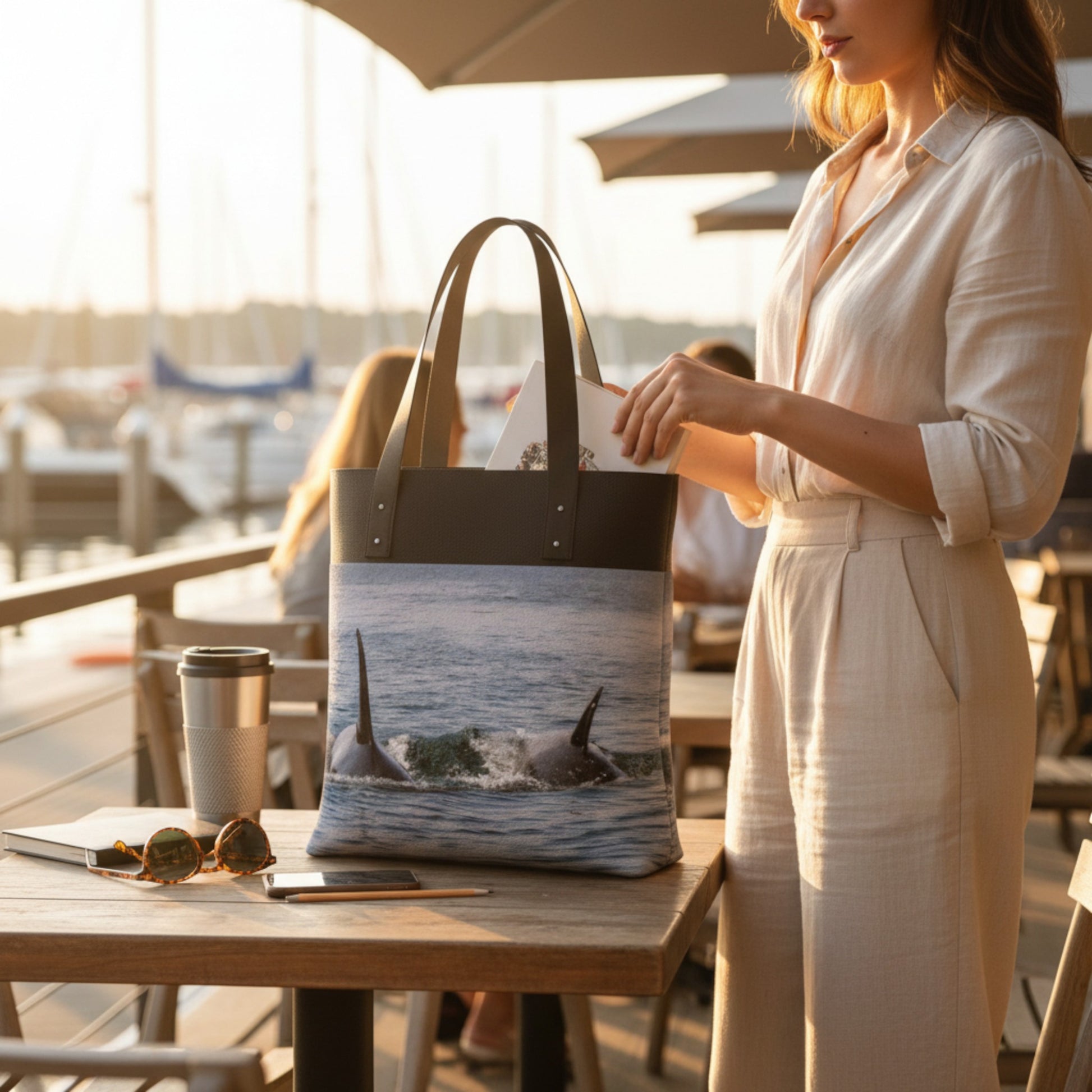 Woman holding a tote bag with a whale design by a waterfront.