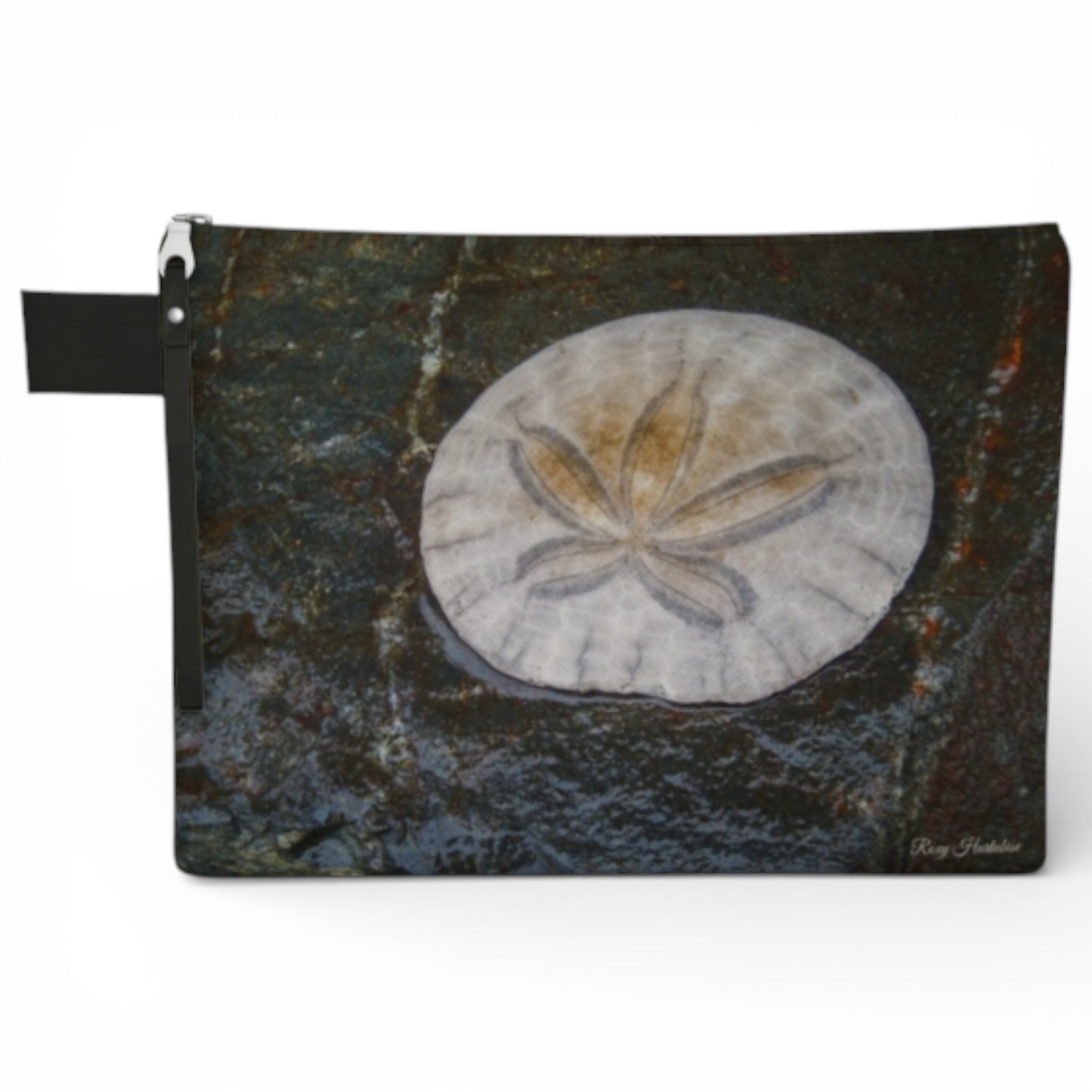 Pouch with a sand dollar design on a textured background
