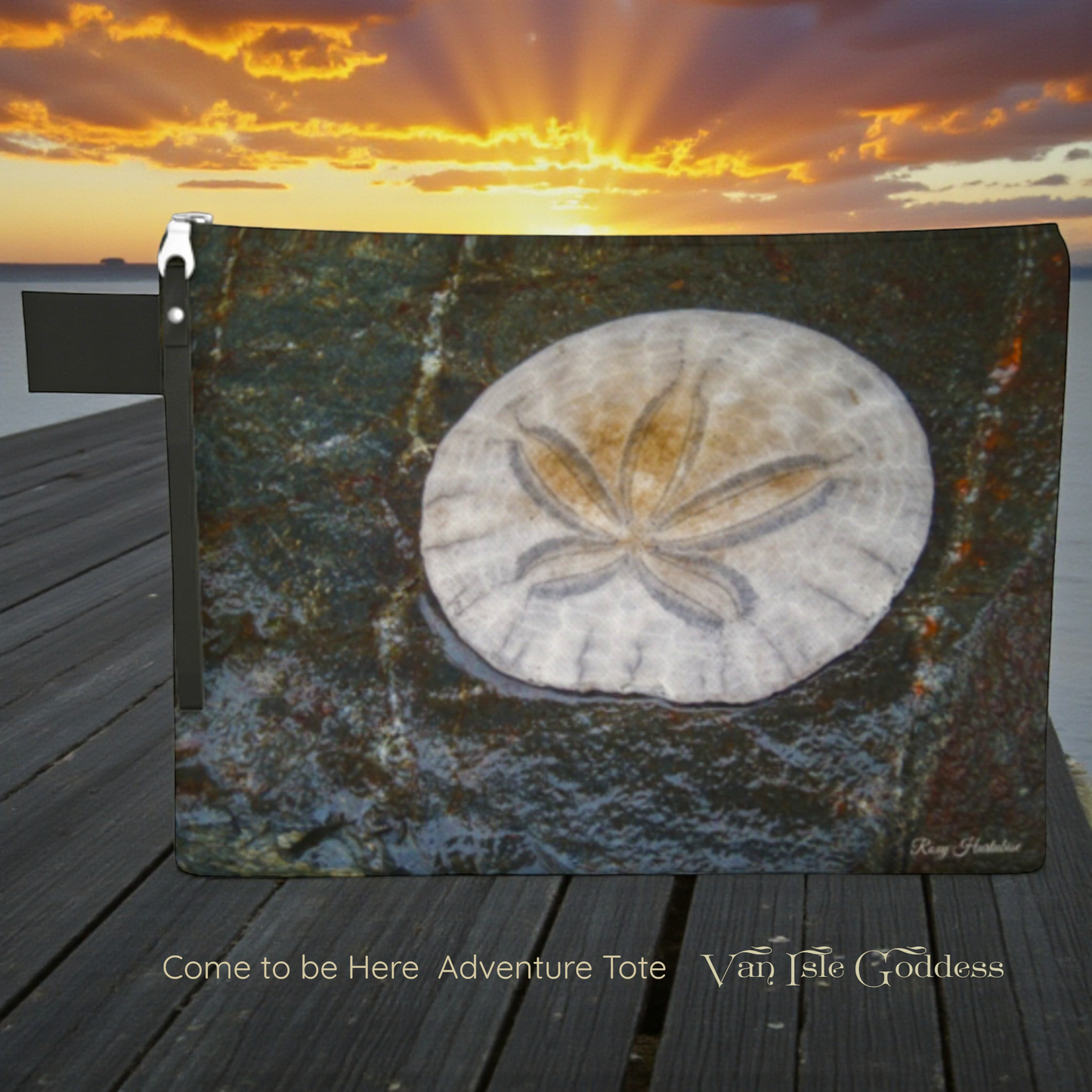 Sand dollar pouch with sunset and dock background