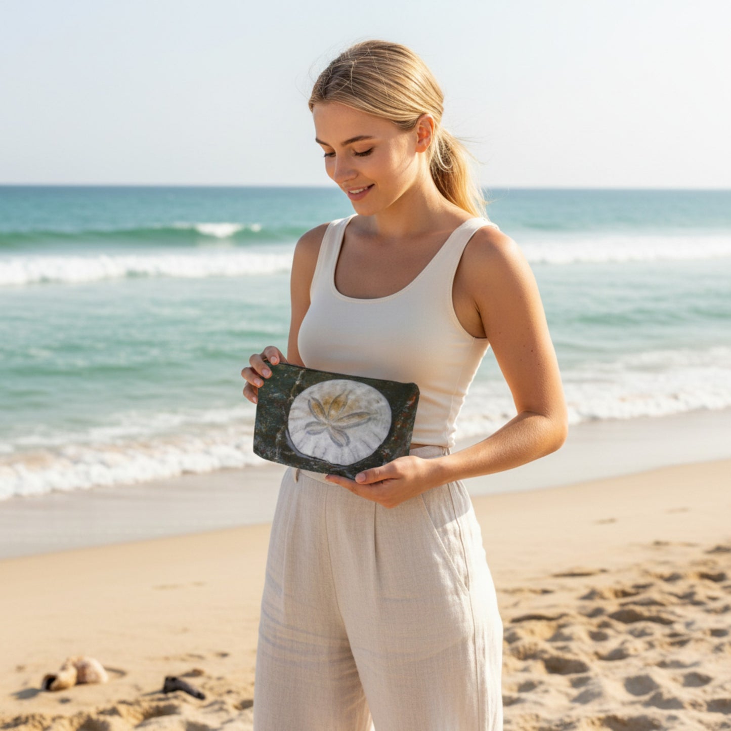 Woman holding a black rectangular object with a white design on a beach