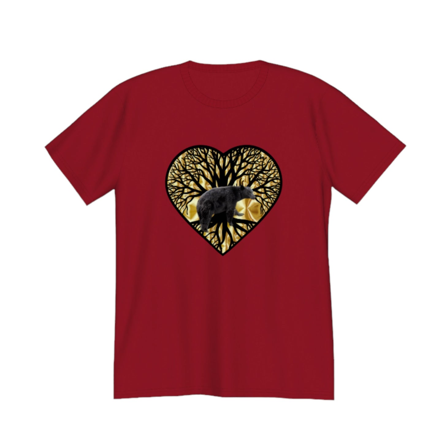 Bear Heart Premium Unisex T-shirt. The image on the front is of a bear standing in front of the tree of life that is on a gold background.  by van isle goddess dot com