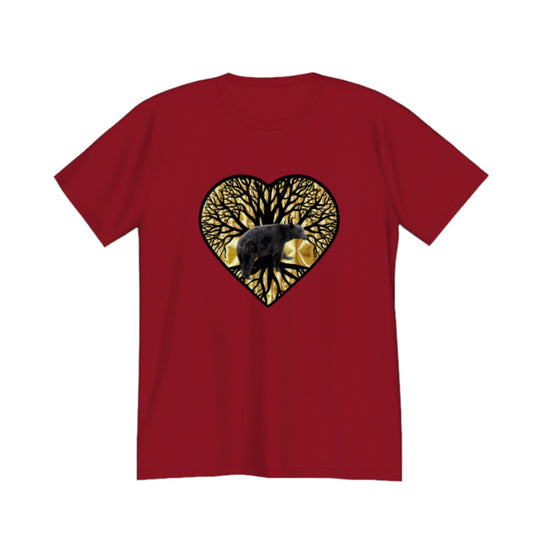 Bear Heart Premium Unisex T-shirt. The image on the front is of a bear standing in front of the tree of life that is on a gold background.  by van isle goddess dot com