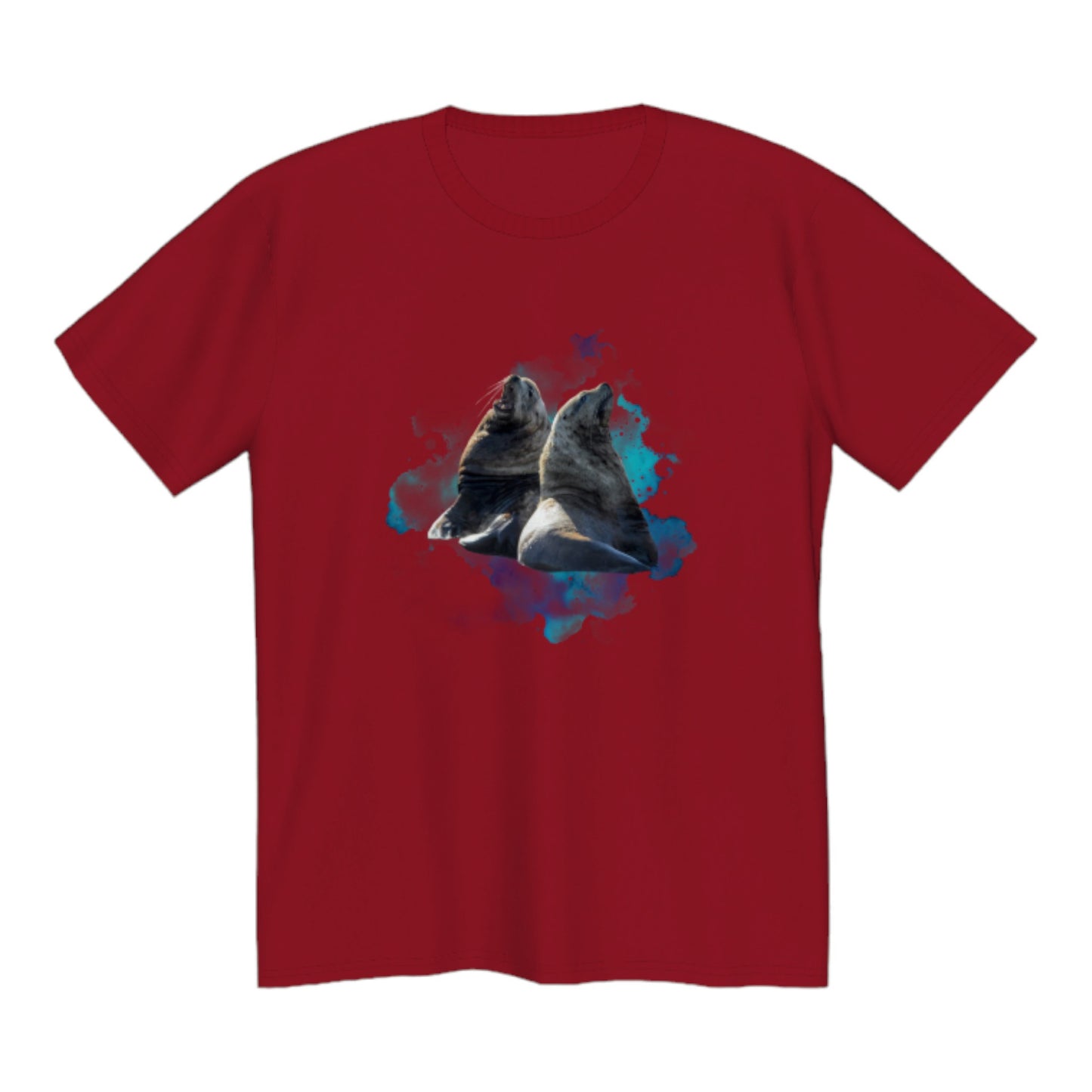 Sea Lions Premium Unisex Tshirt featuring two sea lions on the front.  A colourful blue and green ocean abstract is in the background. by van isle goddess dot com