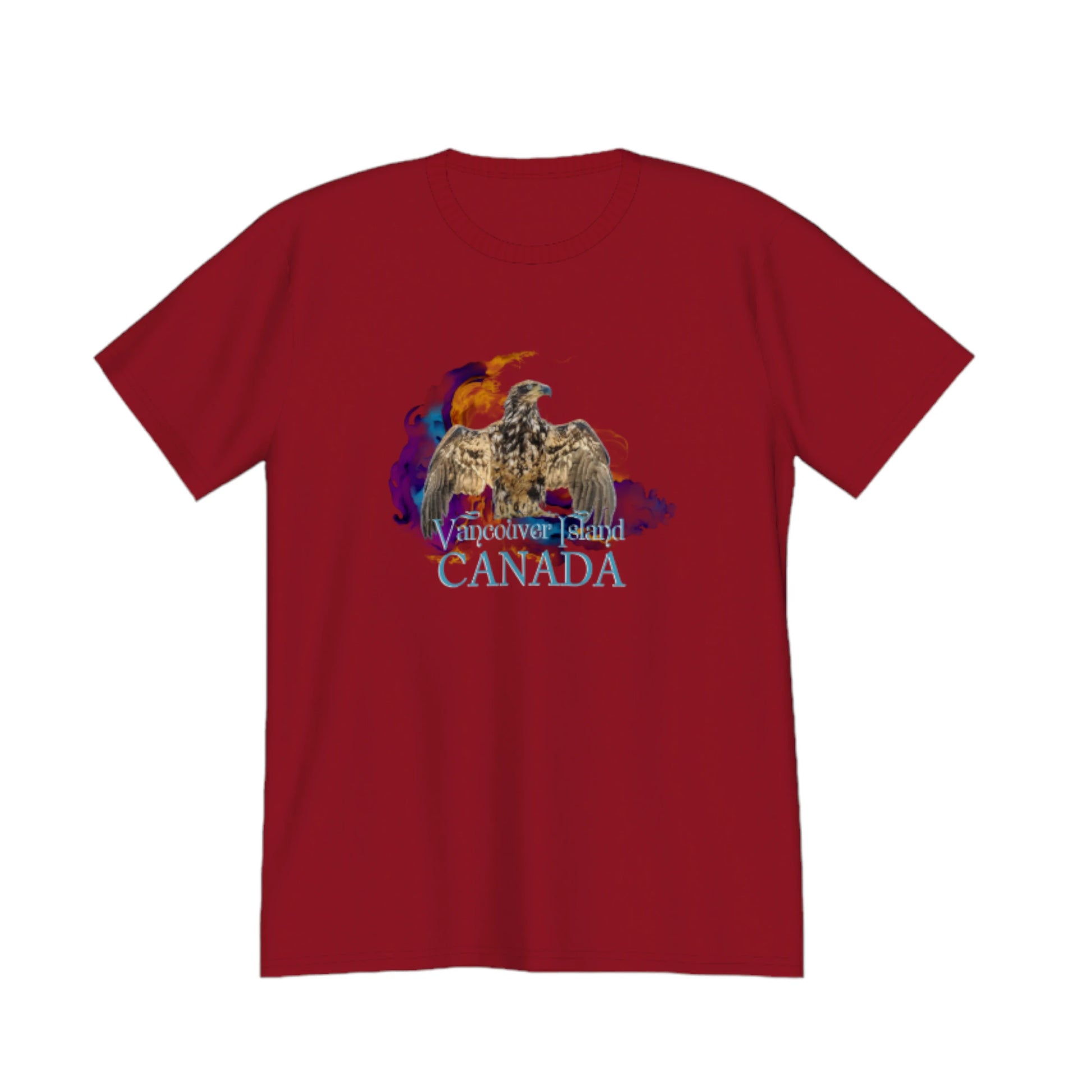 Thunderbird Vancouver Island Canada Premium Unisex T-shirt. The image is of a eagle in the thunderbird position with a colourful abstract background.  The word below the image read Vancouver island, Canada. by van isle goddess dot com