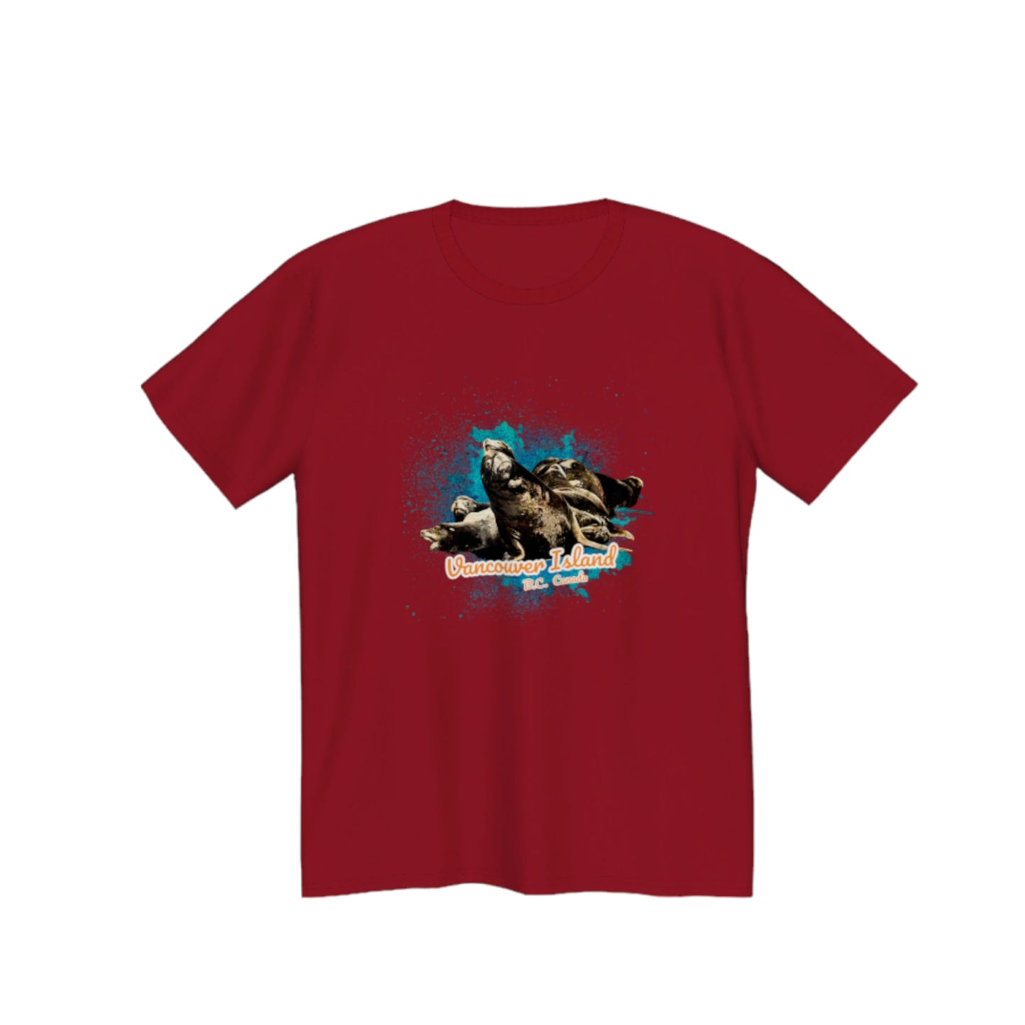 What's Up? Sea Lions Vancouver Island, BC Canada Premium Unisex T-shirt.  The image on the front is of a group of sea lions on a log raft.  by van isle goddess dot com