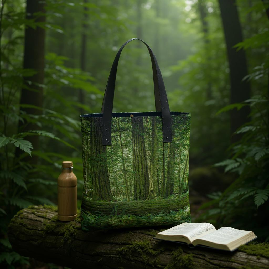 Tote bag with forest design in a forest setting