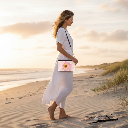 Woman walking on a beach with a floral handbag