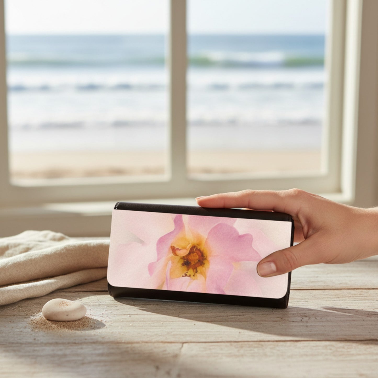 Hand holding a phone with a floral design on a wooden surface by a window with a beach view.