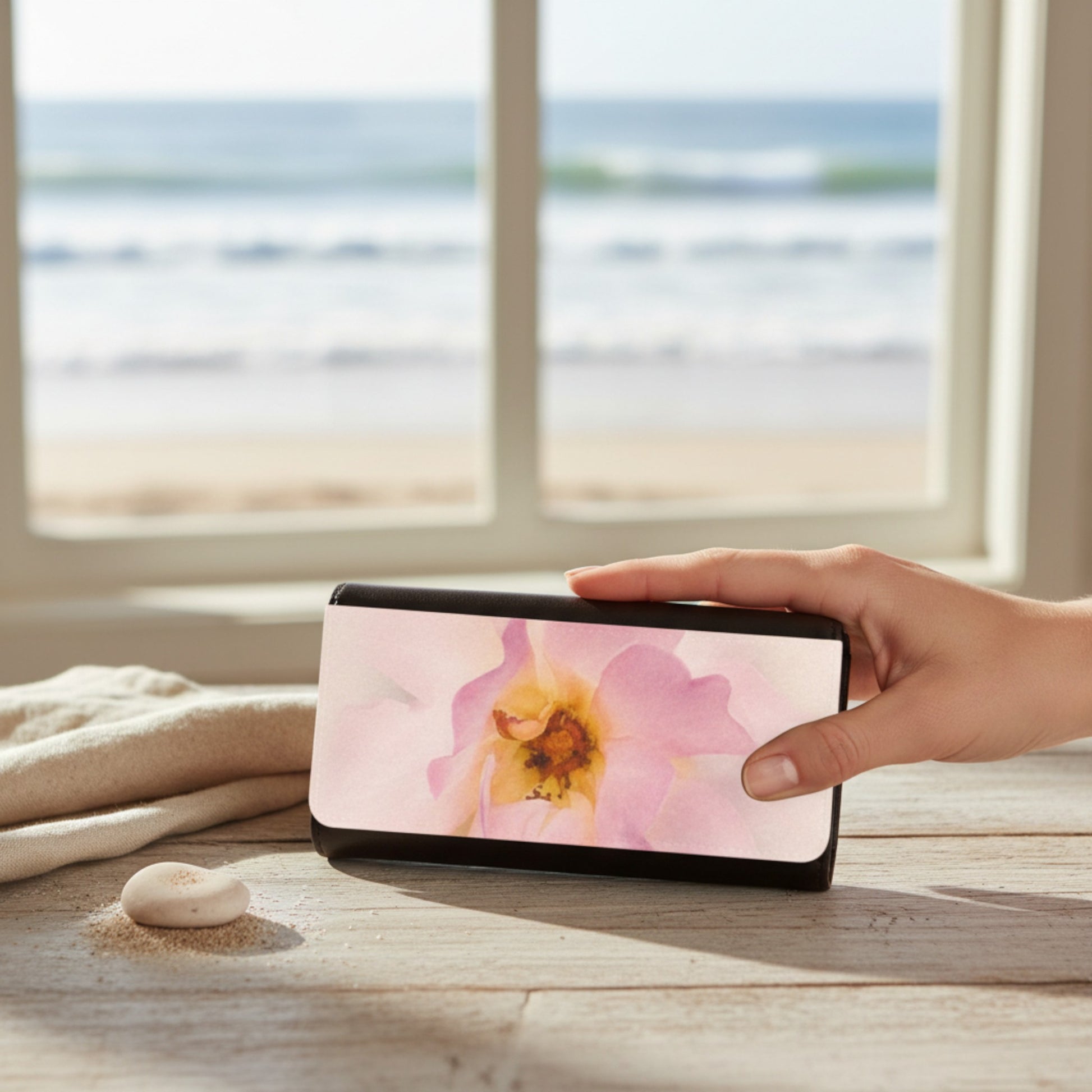 Hand holding a phone with a floral design on a wooden surface by a window with a beach view.