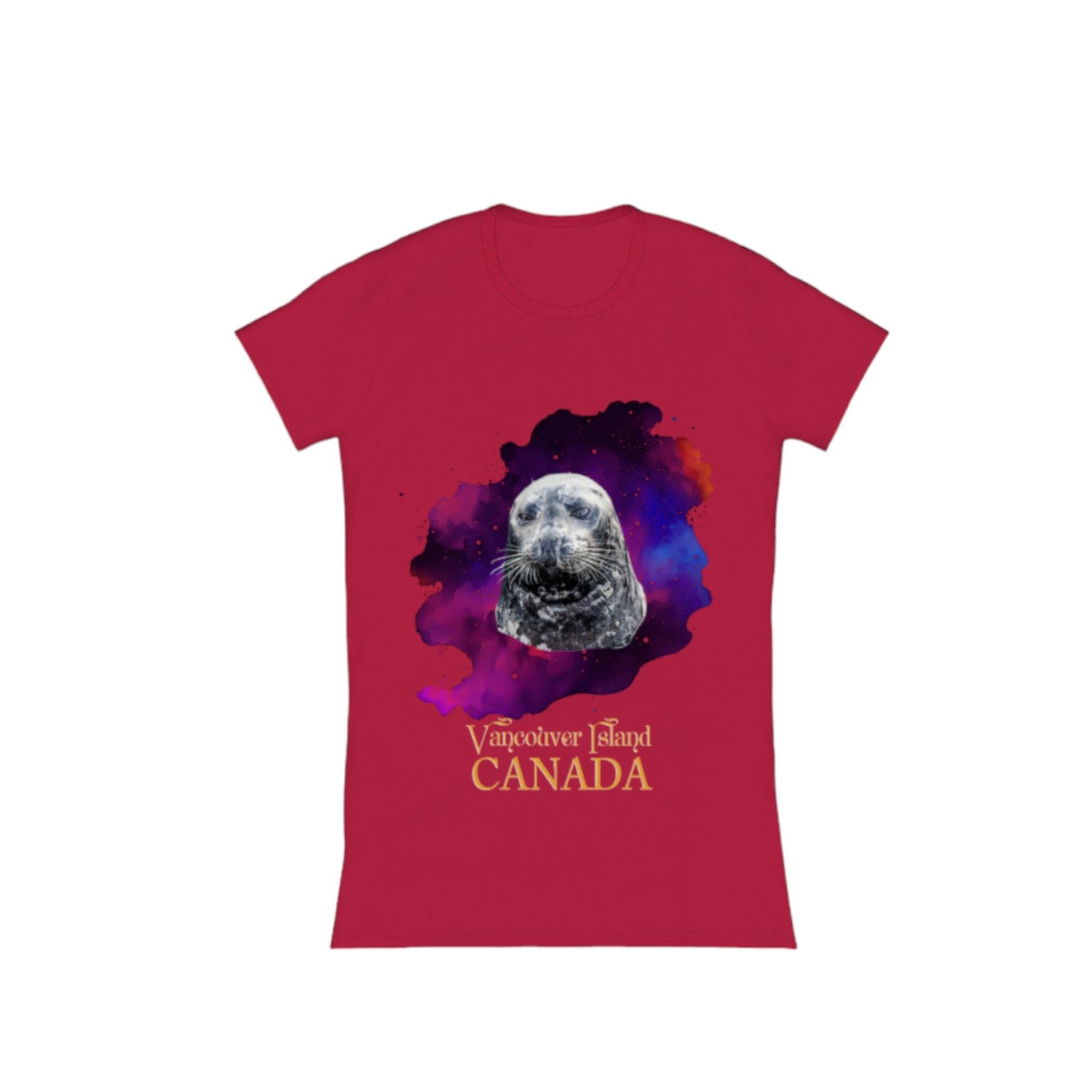 I Love Lucy Vancouver Island Canada Comfort Slim Fit T-Shirt. The image is of a harbour seal with a colorful blue, purple abstract background.  by vanislegoddess.com