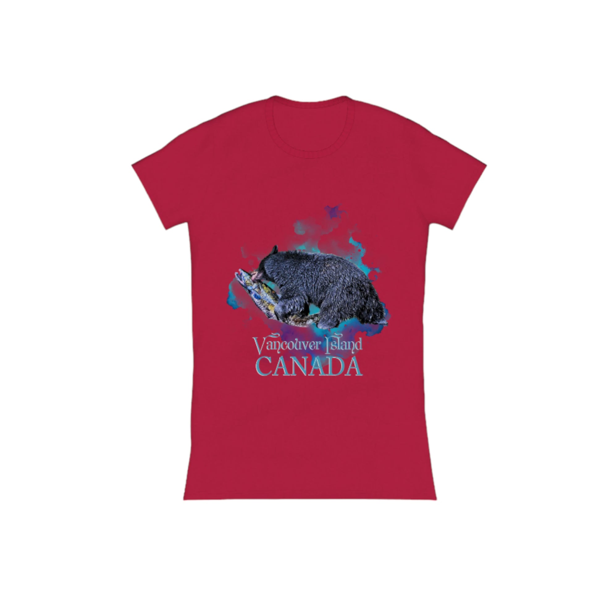 Salmon Bear Vancouver Island Canada Comfort Slim Fit T-shirt  The image is of a bear with a fresh caught salmon in its mouth with a ocean blue abstract background.