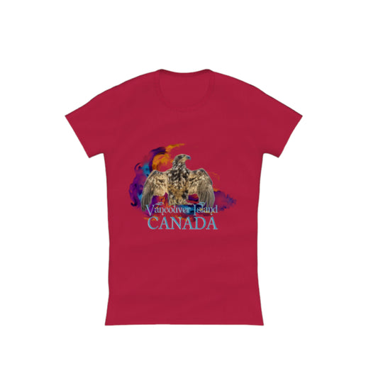 Thunderbird Vancouver Island Canada Comfort Slim Fit T-shirt. the image is of a eagle in the thunderbird position with a colourful abstract background. the words read Vancouver Island Canada