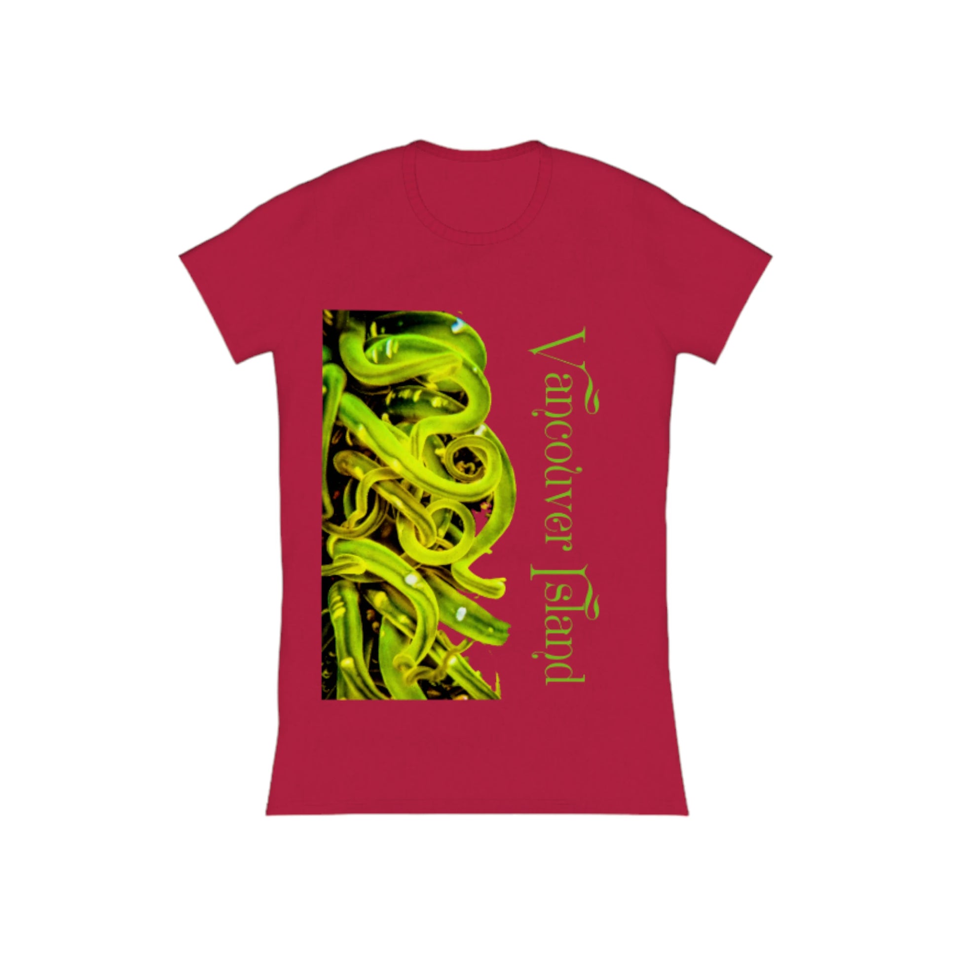 Vancouver Island Sea Anemone Comfort Slim Fit T-shirt. The image is of a green sea anemone under water .  The words read Vancouver Island