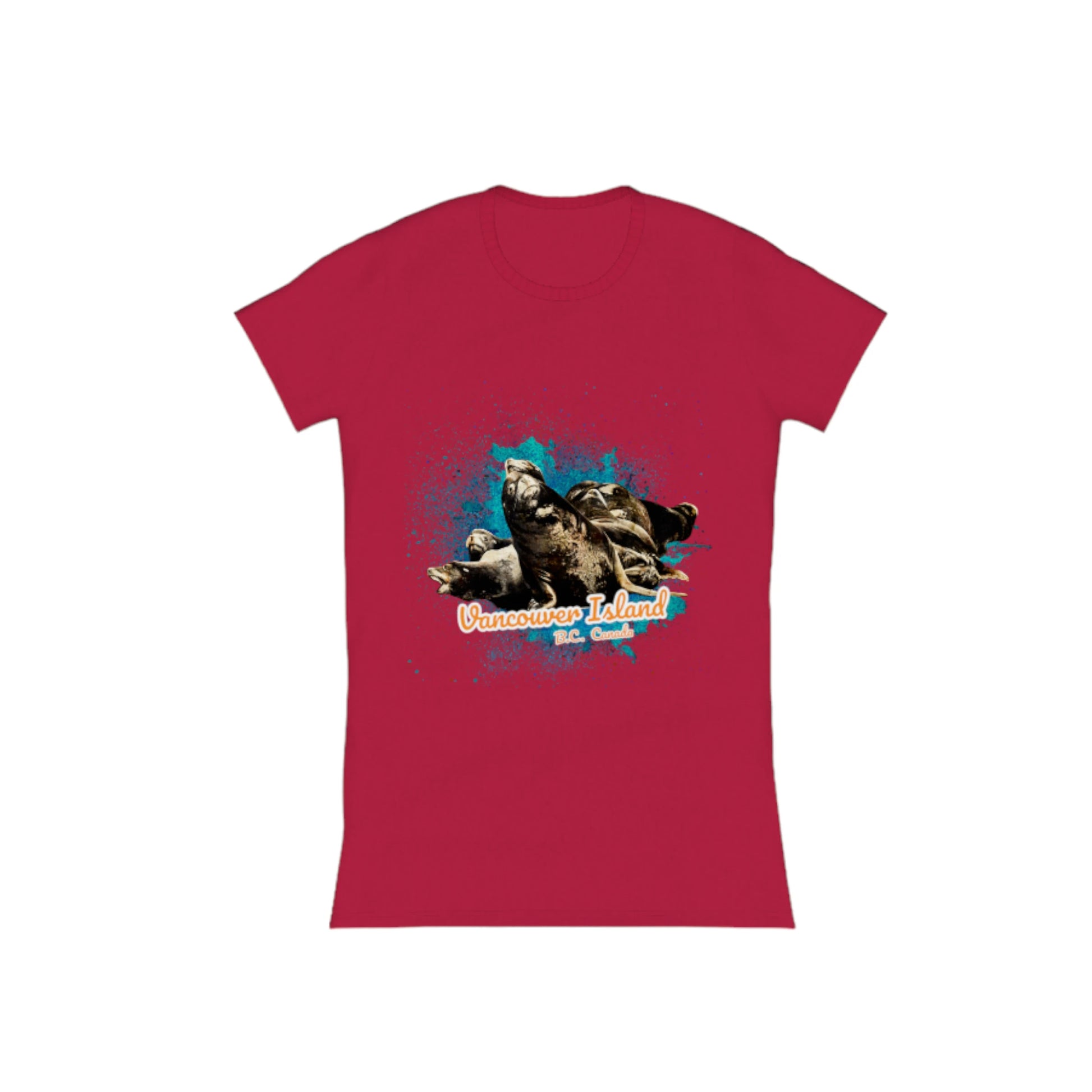 What's Up? Sea Lions Vancouver Island BC Canada Comfort Slim Fit T-shirt. The image is of a group of sea lions on a log raft.  The words read Vancouver Island BC Canada