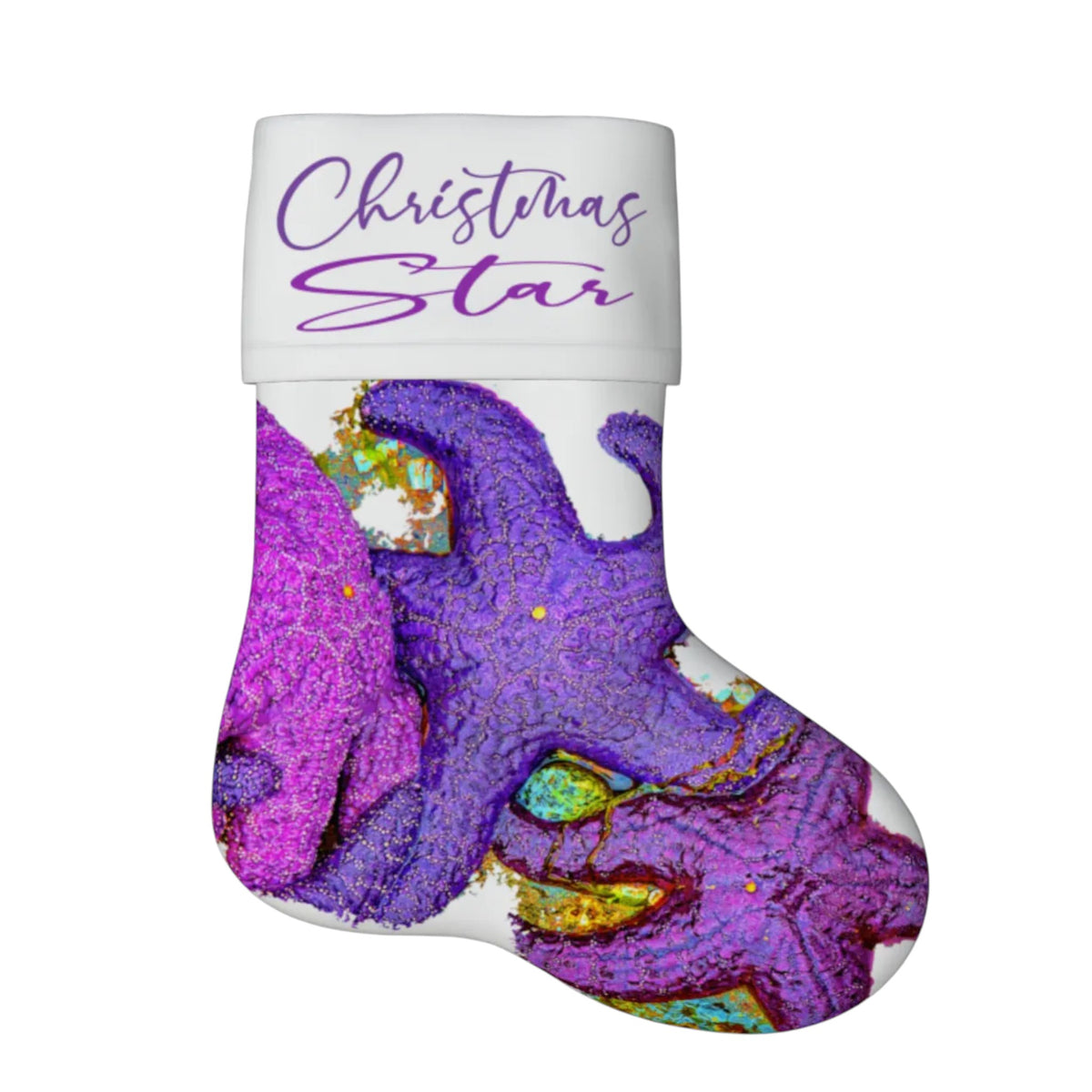 A Christmas stocking with a white cuff featuring the text 'Christmas Star' in purple script, decorated with a vibrant purple and magenta abstract marbled pattern and small gold glitter accents, set against a plain white background.