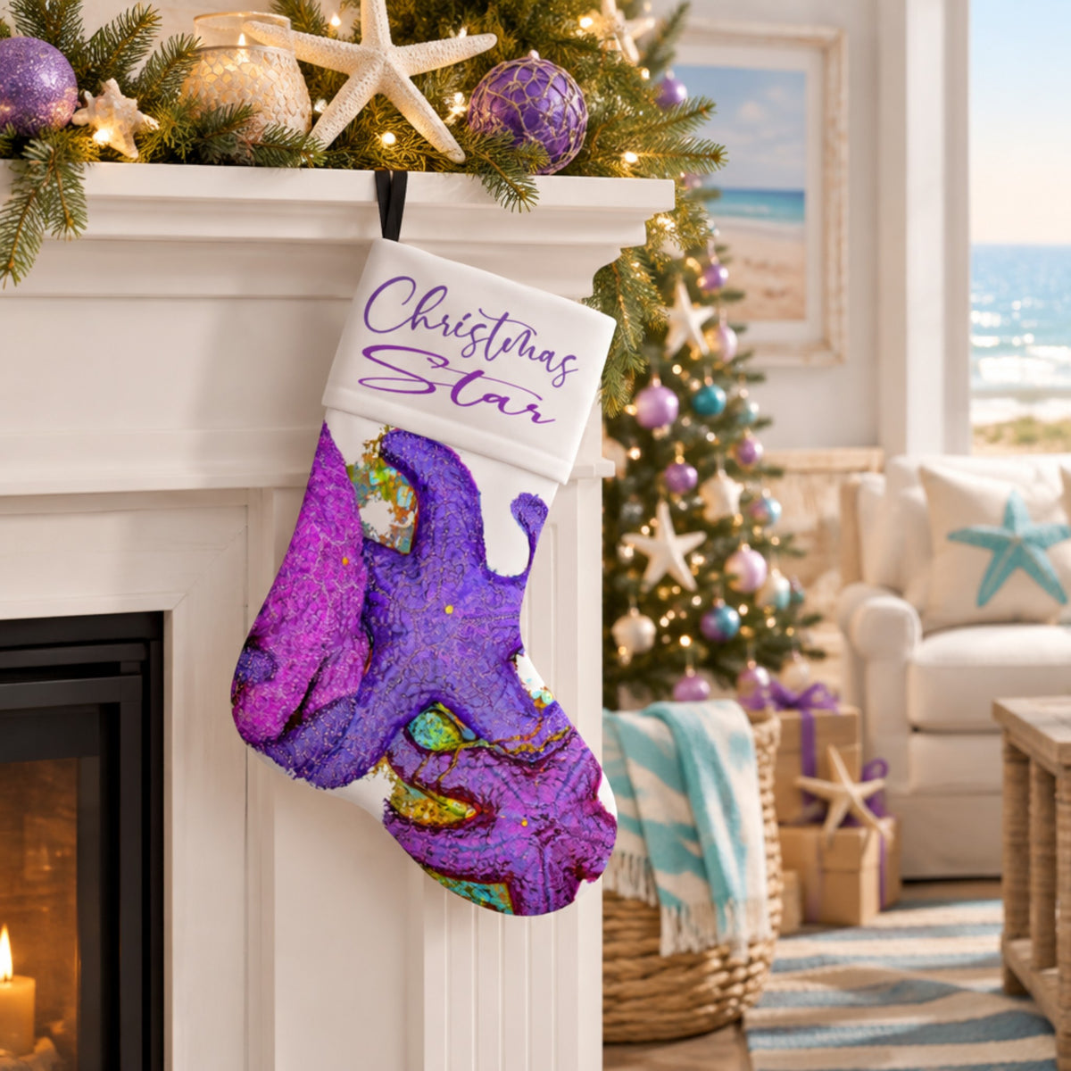 A Christmas stocking hanging from a white fireplace mantel in a decorated living room. The stocking is white at the top with purple script reading 'Christmas Star' and features a large purple starfish design with multicolor glittery accents.