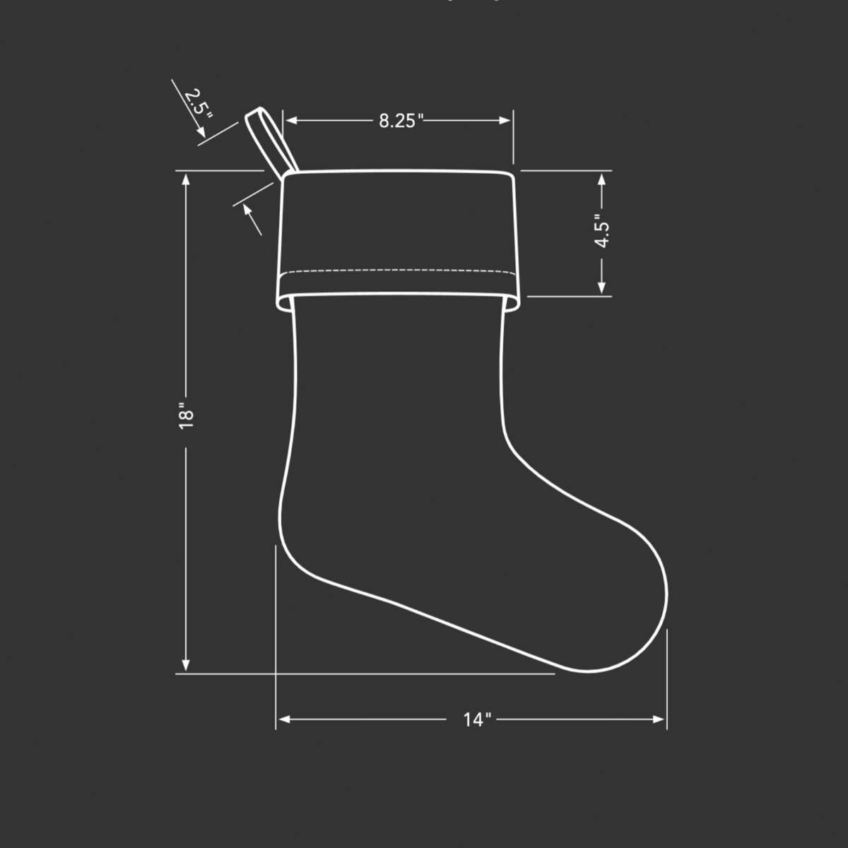 White line drawing of a stocking with dimension labels and measurements on a dark gray background.