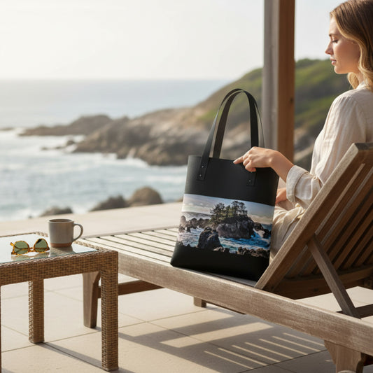Woman holding a black tote bag with a scenic design, sitting by a coastal view.