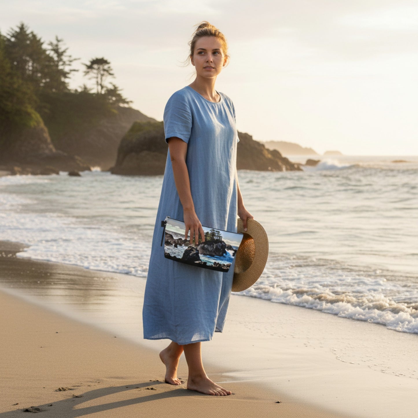 Woman in a blue dress standing on a beach with ocean and trees in the background
