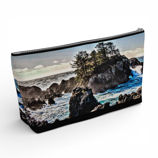 Pouch with a scenic design of a rocky coastline and ocean on a white background