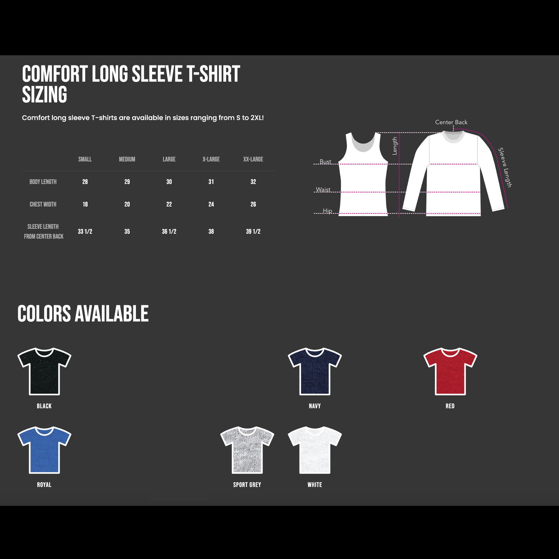 comfort long sleeve tshirt size chart
