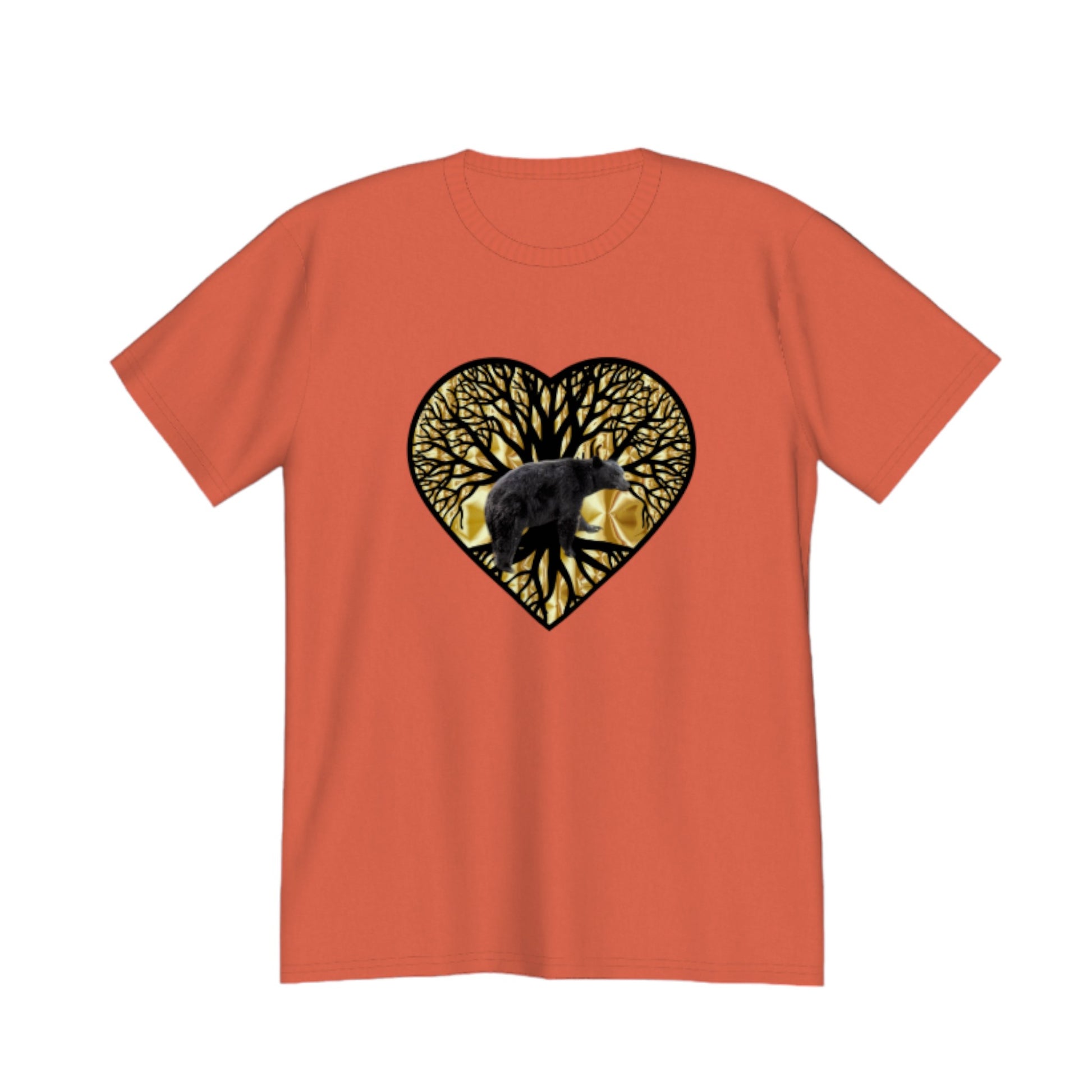 Bear Heart Premium Unisex T-shirt. The image on the front is of a bear standing in front of the tree of life that is on a gold background.  by van isle goddess dot com