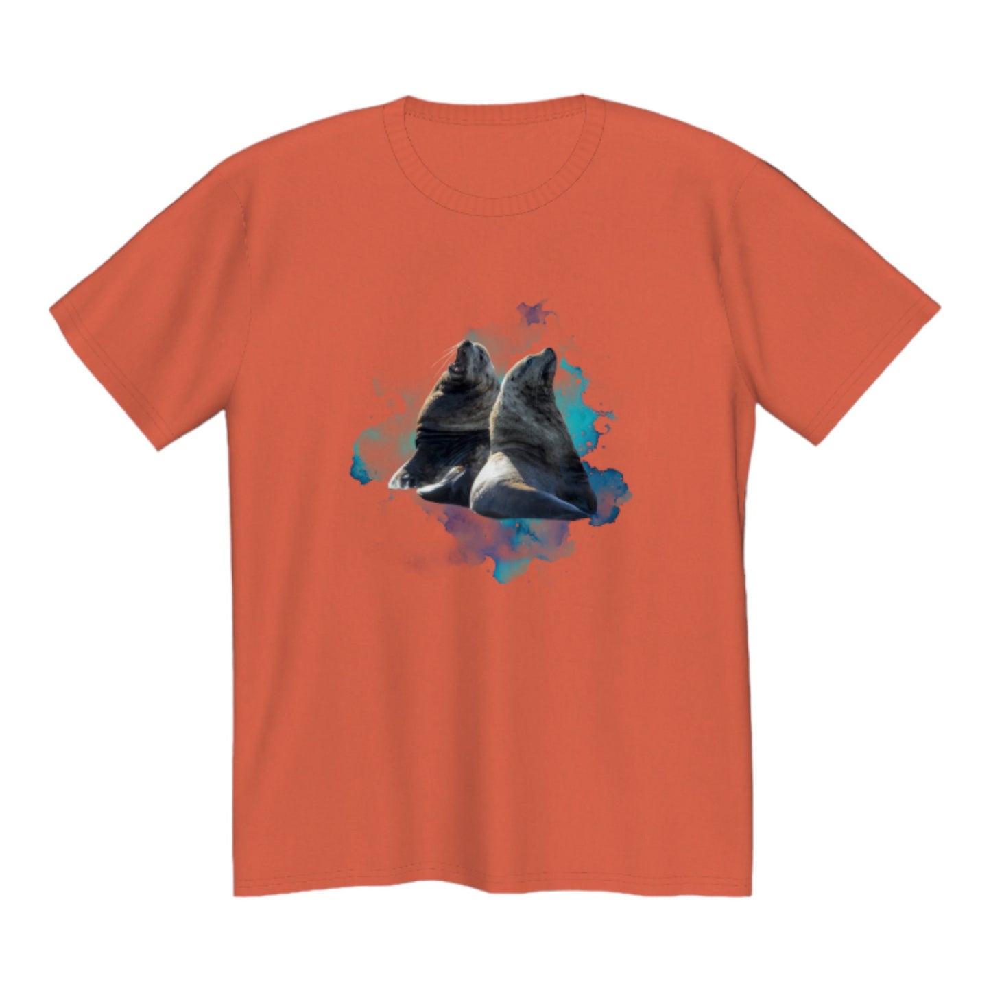 Sea Lions Premium Unisex Tshirt featuring two sea lions on the front.  A colourful blue and green ocean abstract is in the background. by van isle goddess dot com