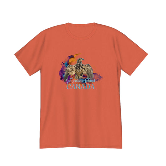 Thunderbird Vancouver Island Canada Premium Unisex T-shirt. The image is of a eagle in the thunderbird position with a colourful abstract background.  The word below the image read Vancouver island, Canada. by van isle goddess dot com