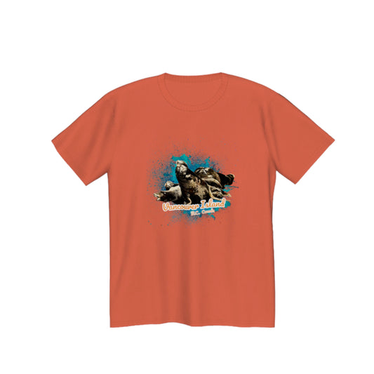 What's Up? Sea Lions Vancouver Island, BC Canada Premium Unisex T-shirt.  The image on the front is of a group of sea lions on a log raft.  by van isle goddess dot com
