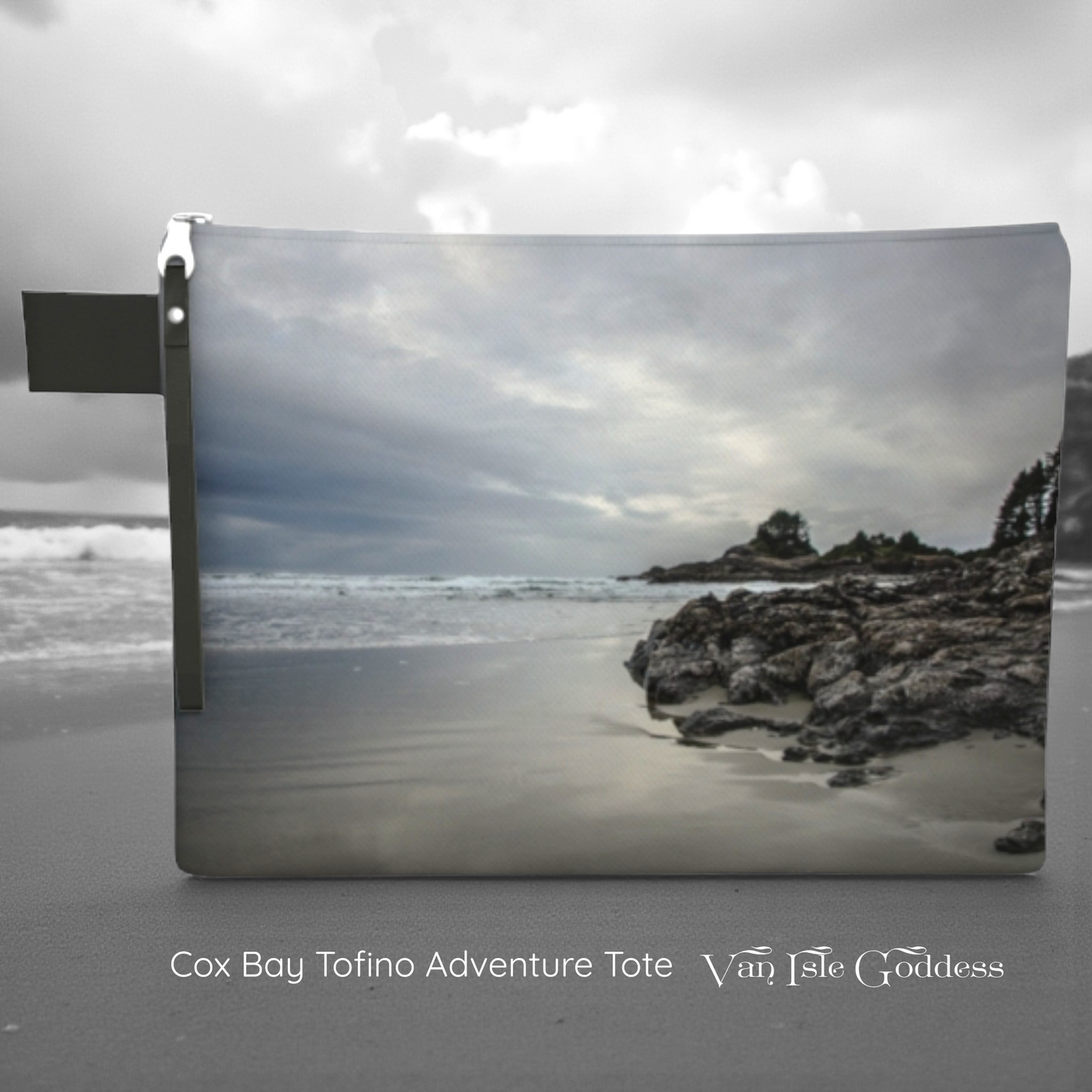 Pouch with a beach scene design and 'Cox Bay Tofino Adventure Tote Van Isle Goddess' text.