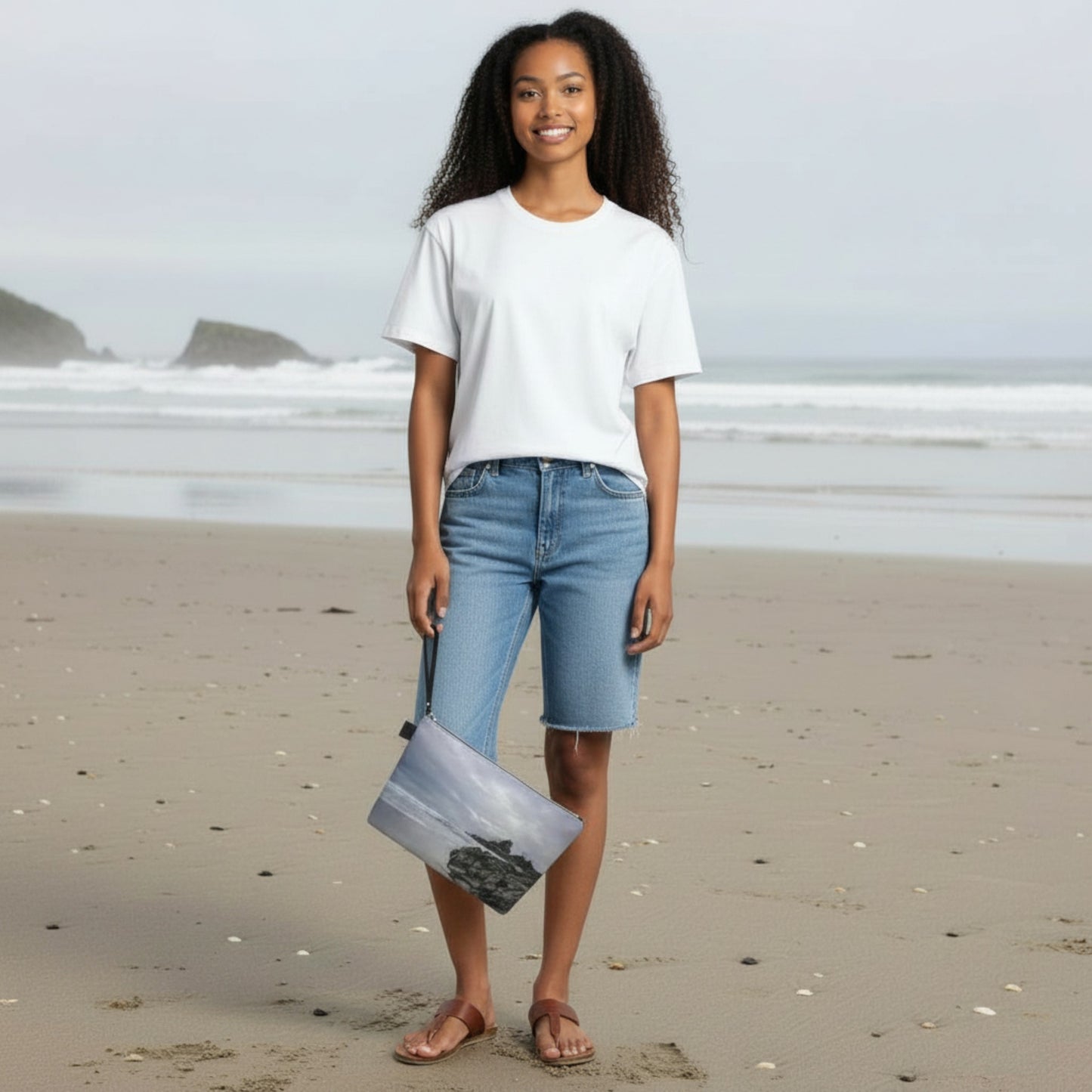 Woman standing on a beach holding a clear bag with a blue design.