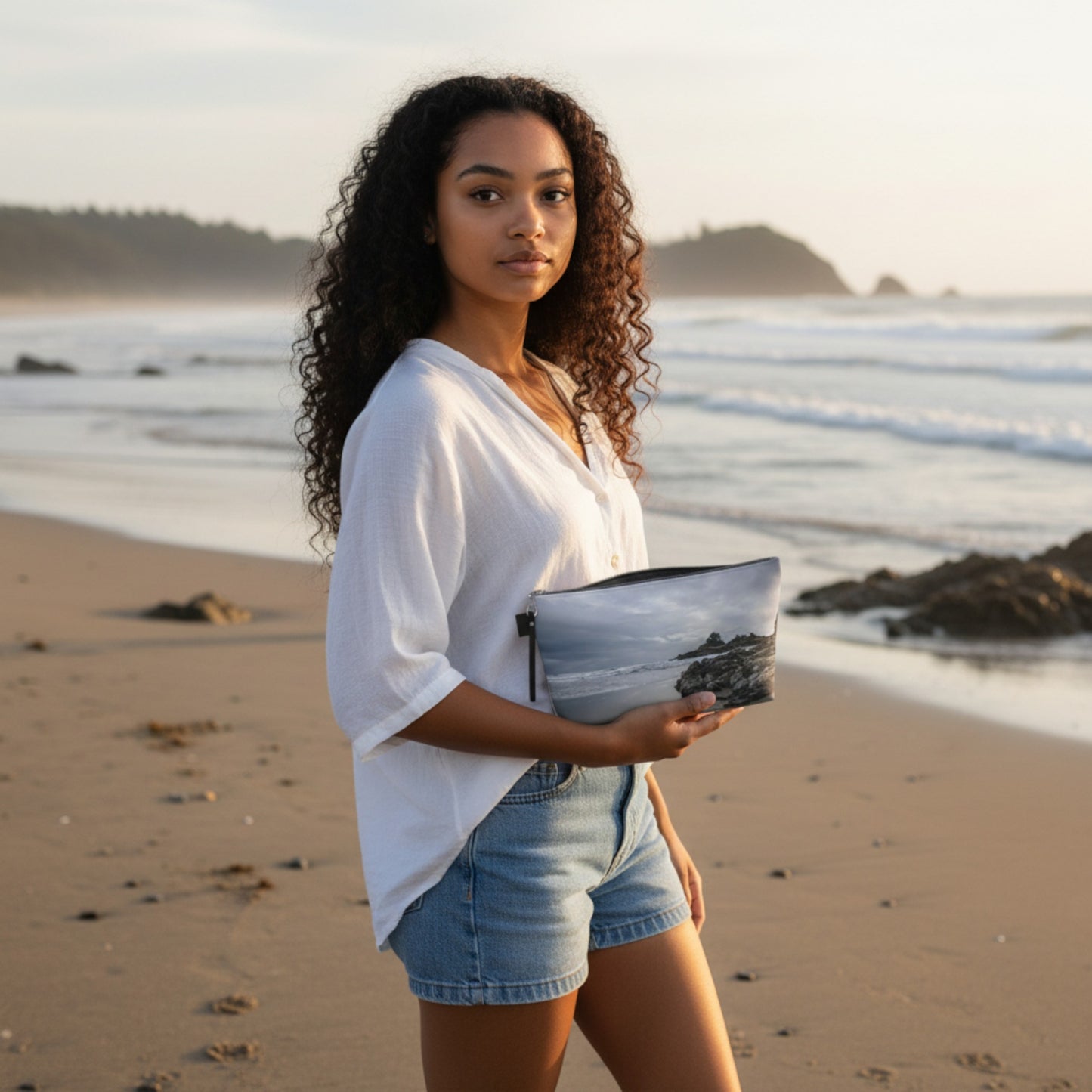 Woman holding a bag on a beach with ocean waves in the background