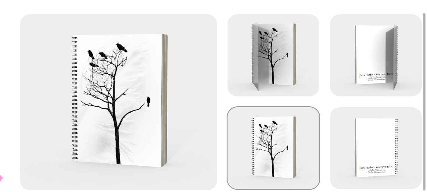 Collage of five images of the crow feather spiral notebook.