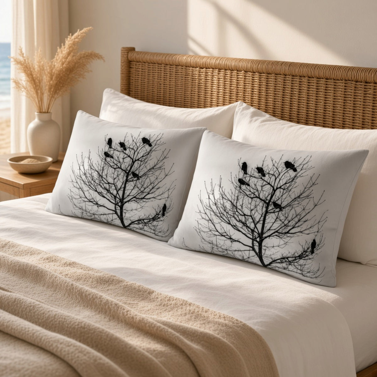 Two square throw pillows with a black tree branch and bird pattern on a light gray background, styled on a bed with white sheets and a beige blanket in a warm, sunlit bedroom.