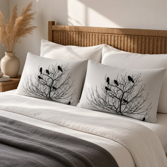 Two white decorative throw pillows with a black branch and bird pattern, styled on a bed with white linens and a gray blanket, next to a wicker headboard and a vase of dried grass.
