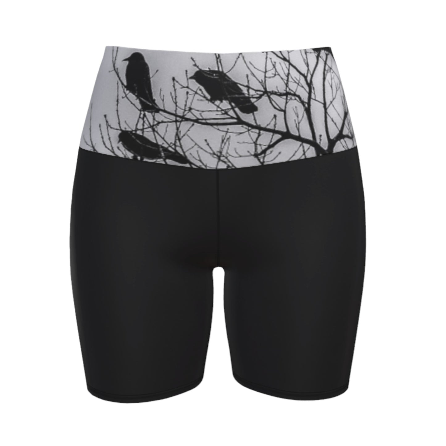 Crows Yoga Shorts feature a photograph of crows sitting in a tree printed on the band of the yoga shorts. The bottom of the yoga shorts are black.