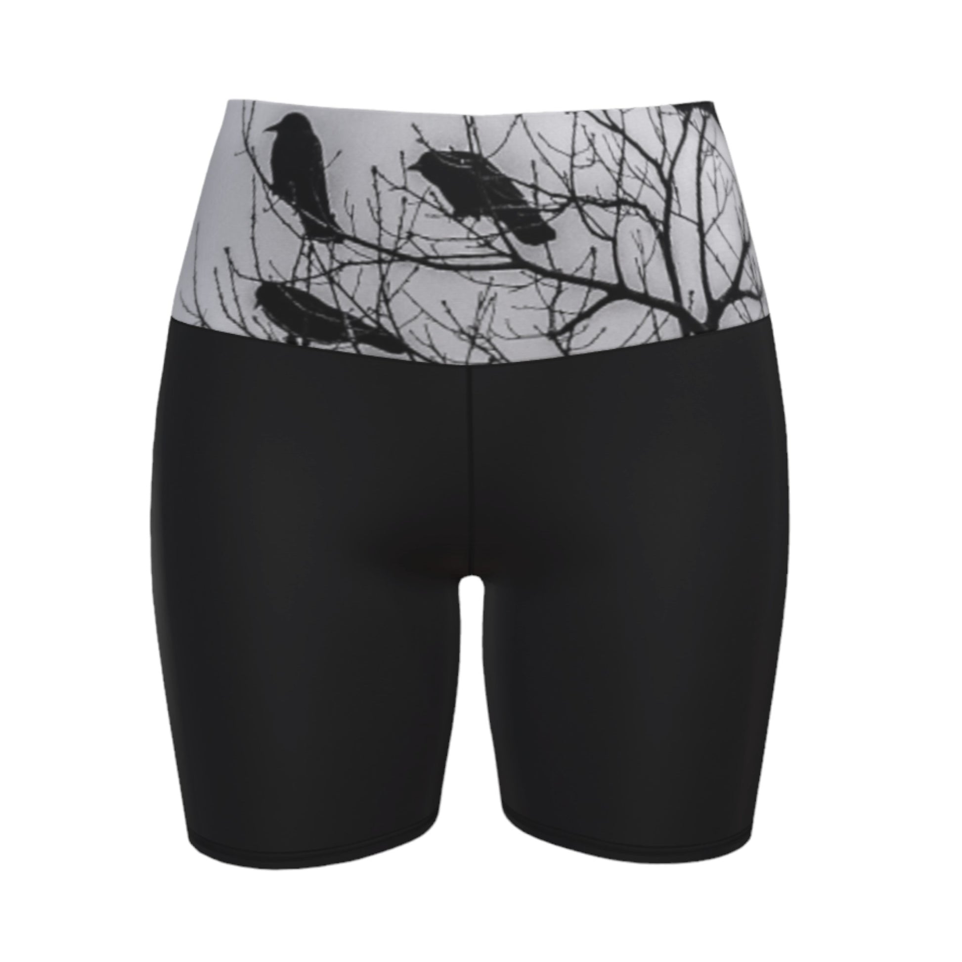 Crows Yoga Shorts feature a photograph of crows sitting in a tree printed on the band of the yoga shorts. The bottom of the yoga shorts are black.