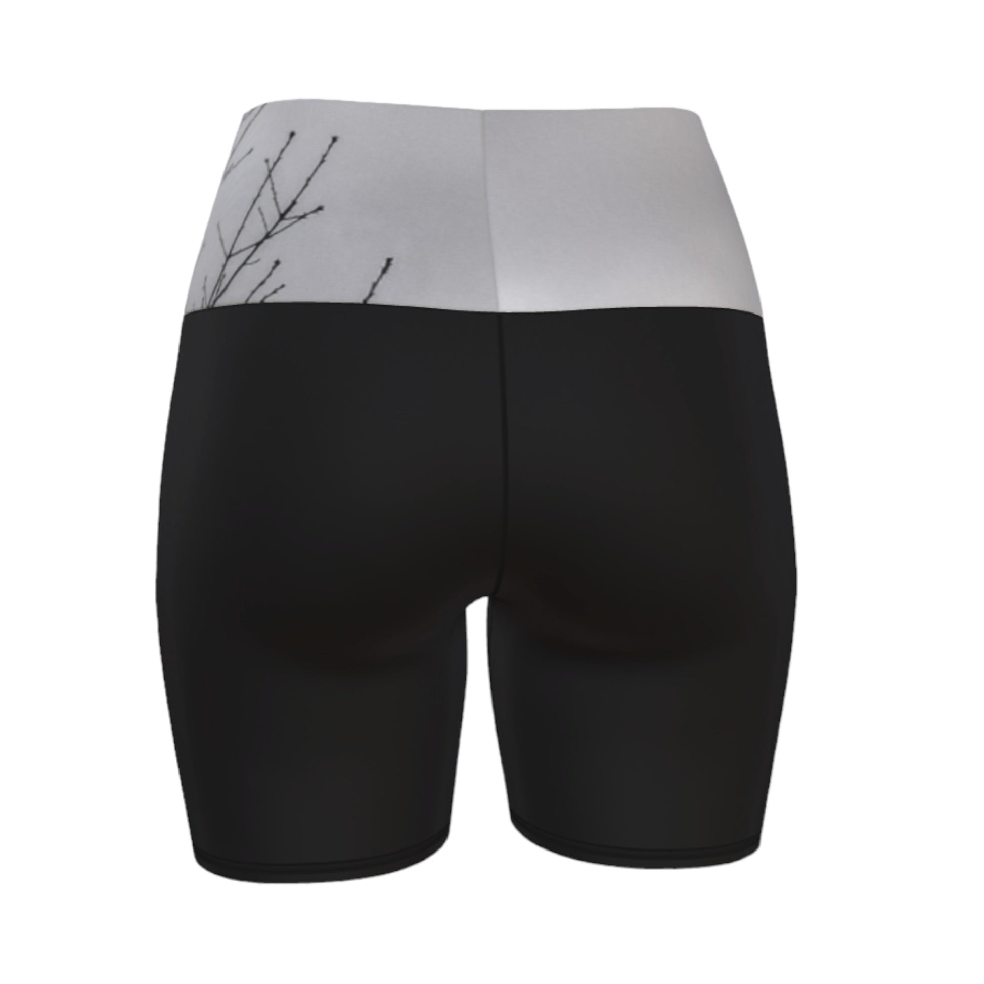 Back side Crows Yoga Shorts feature a photograph of crows sitting in a tree printed on the band of the yoga shorts. The bottom of the yoga shorts are black.