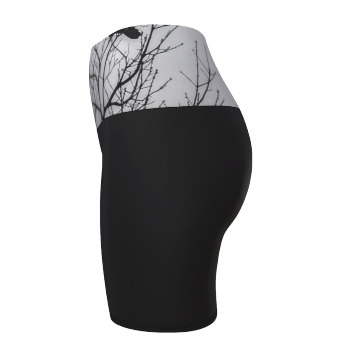 Left side Crows Yoga Shorts feature a photograph of crows sitting in a tree printed on the band of the yoga shorts. The bottom of the yoga shorts are black.