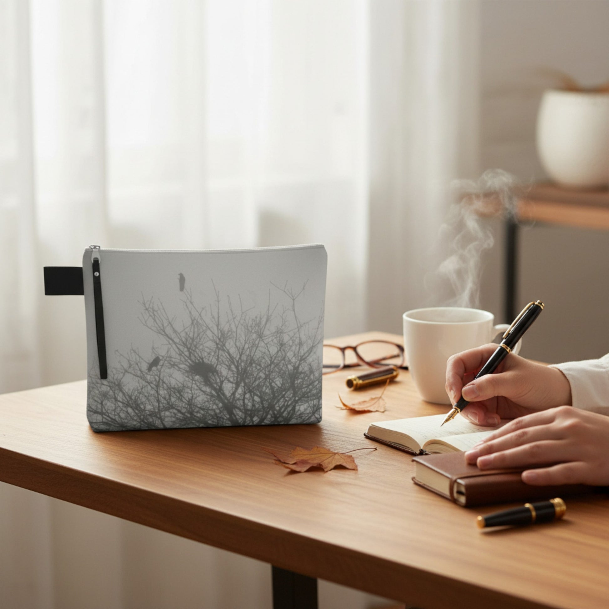 Person writing in a notebook with a cup of coffee and laptop on a wooden table.