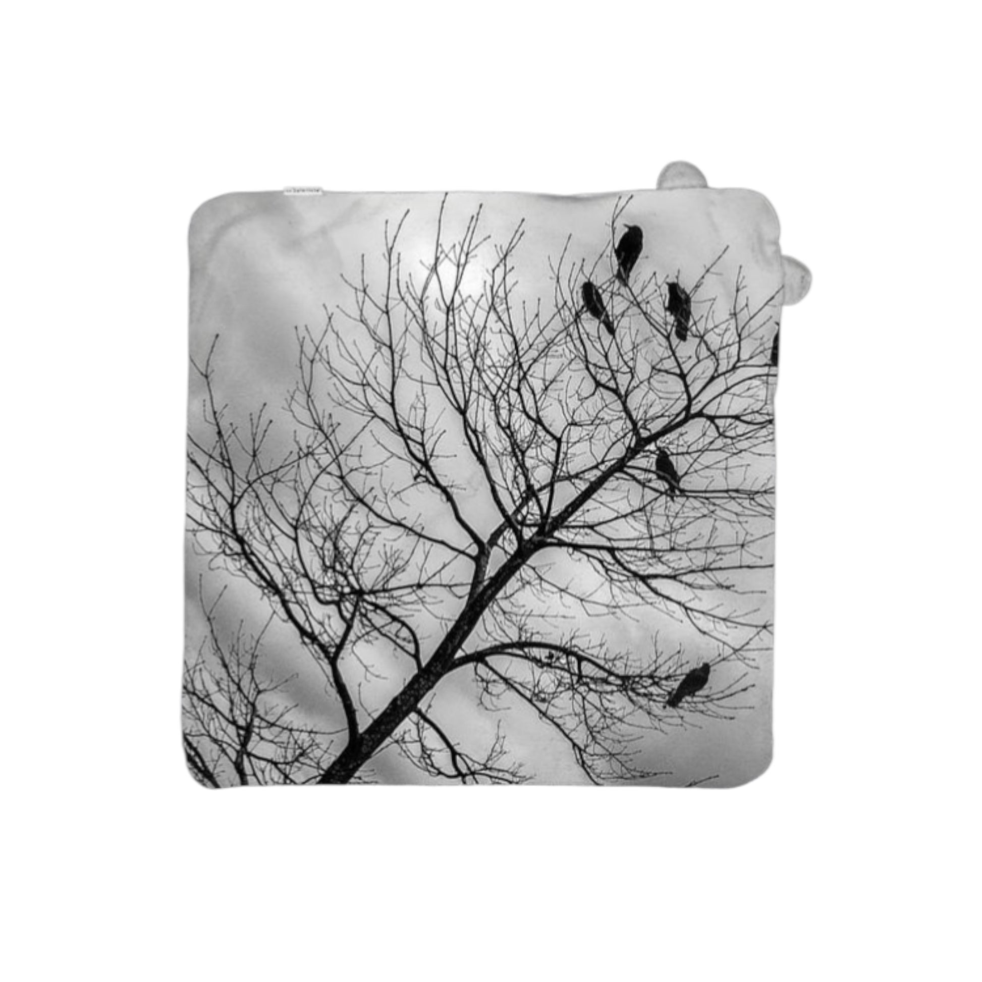 Silhouette of a tree with birds against a cloudy sky on a product packaging.
